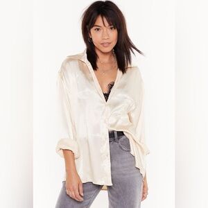 Women’s Nasty Gal Light Pink Silky Button Down Textured Satin Top